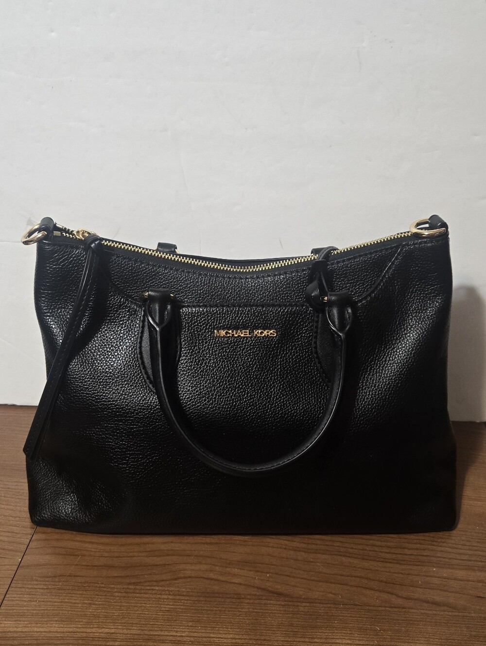 Michael Kors Black Pebbled Leather Satchel with Gold Hardware